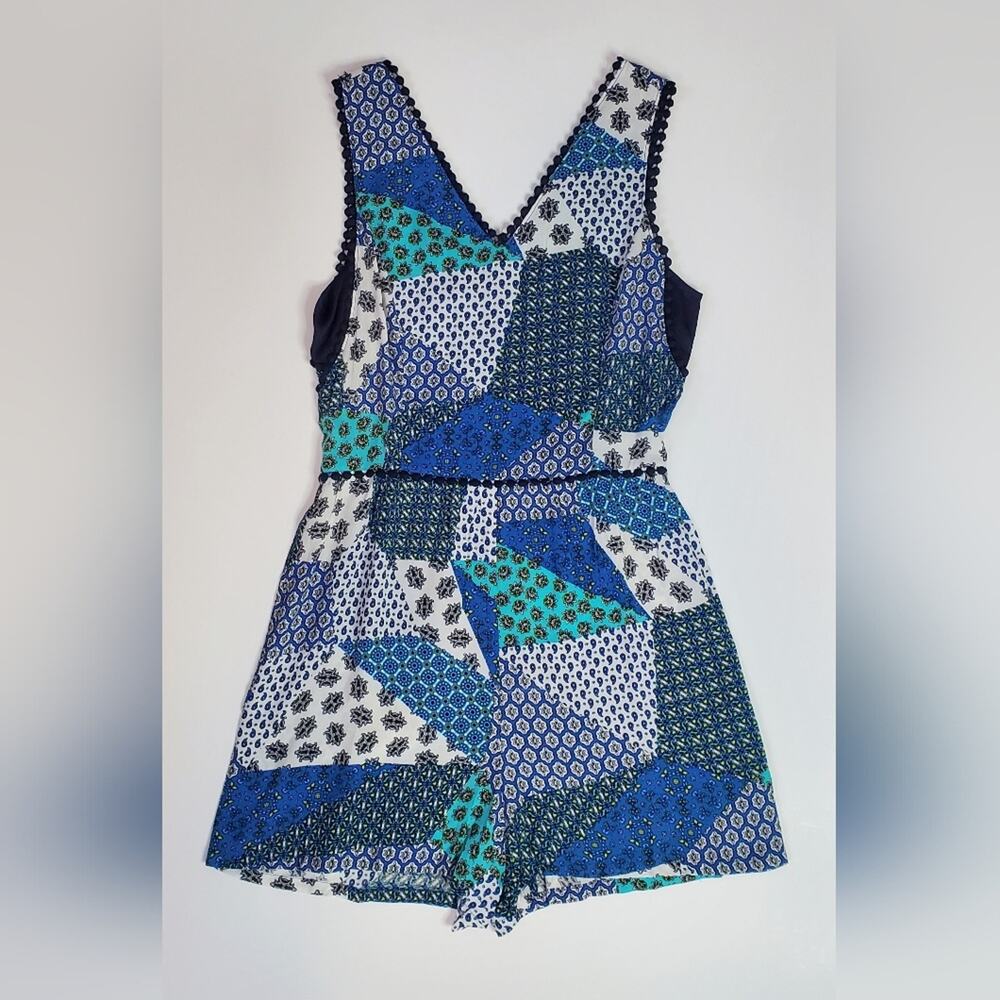 Skies Are Blue Sleeveless Romper Blue Teal White Patchwork Pom Pom Size Small